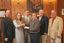 The University of Scranton received a check for $5,000 for the Scranton/Ballina Sister City Scholarship. Shown at the check presentation are, from left: Rev. Scott R. Pilarz., S.J., president, The University of Scranton; Erin Quinn, University of Scranton student body vice president, Joseph R. Quinn, student body president; Brian Marcks, Ray Lynady and Mike Morrison, members of the scholarship committee for the Scranton Ballina Sister City Organization.