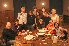  Seated from left are Bob E. Gasper, columbinus director, Mr. Karam, cast member Anthony Mercado, assistant director Heather Lucas and cast member Katie Morrison. Standing from left are cast member Jason Brubaker, stage manager Janelle Caso, cast members Jason Mannion, Vanessa Relvas, Sean Gibbons and Michael Flynn, and wardrobe mistress Caitlin Burke.