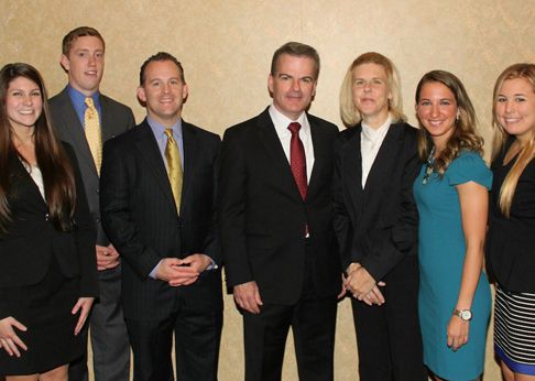  The University of Scranton Business Club named Accounting Professor Daniel Mahoney, Ph.D., as the Kania School of Management’s Professor of the Year. From left are Business Club officers Megan McDonough, secretary; Tyler Heyser, treasurer; John Ruddy, faculty specialist, accounting; Dr. Mahoney and his wife Elizabeth Mahoney; Amanda Sonzogni, president and Carly Murphy, vice president.