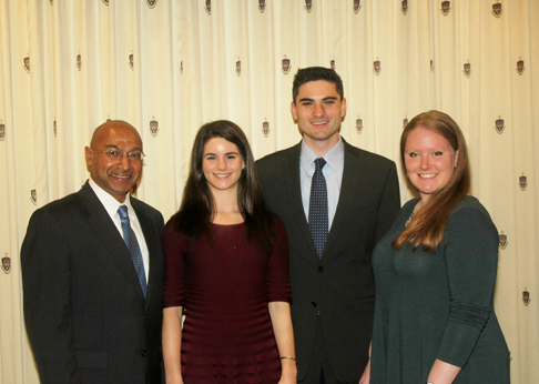 Recipients of the Frank O’Hara medals from the Kania School of Management: From left: Murli Rajan, Ph.D., associate dean of the Kania School of Management, with the recipients of The University of Scranton’s Frank O’Hara medals from the Kania School of Management: Shannon McKenna, Patrick Tuzzo and Alexandra Turner.