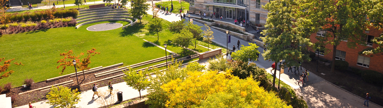 An aerial view of campus from the library.