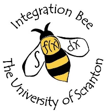A round Integration Bee logo picturing a bee with with an integral written on it with text Integration Bee University of Scranton around the bee