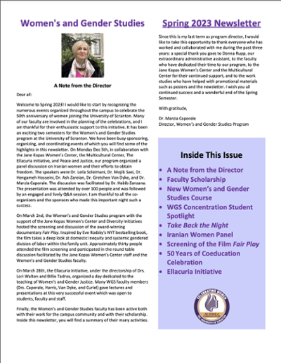 Cover of the Spring 2023 newsletter for the Women's and Gender Studies program at The University of Scranton