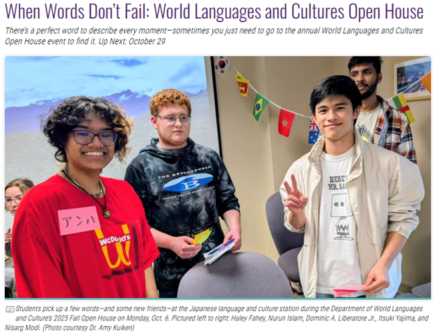 Students learning at a culture and language station at Fall 2025 Open House in World Languages and Cultures