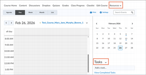 Course Calendar under resources in Brightspace
