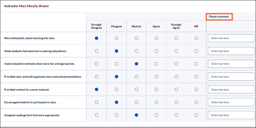 Course evaluation response options from Strongly Disagree to Strongly Agree and No Response