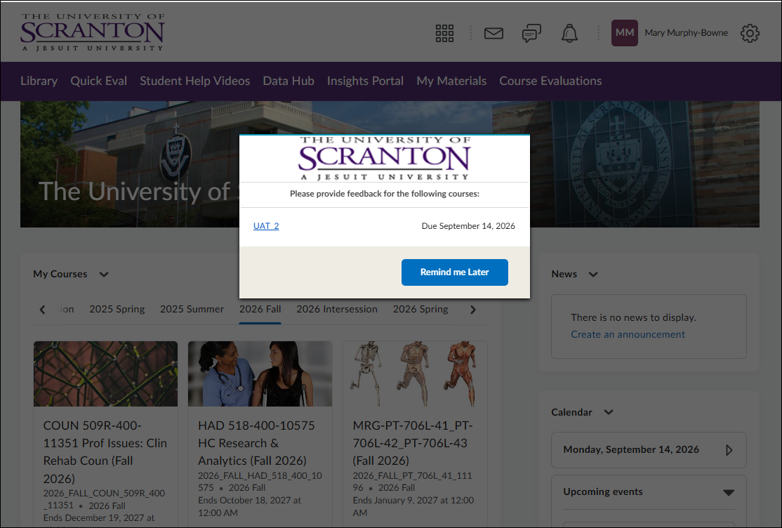 Pop-up message in Brightspace reminding students to complete course evaluations