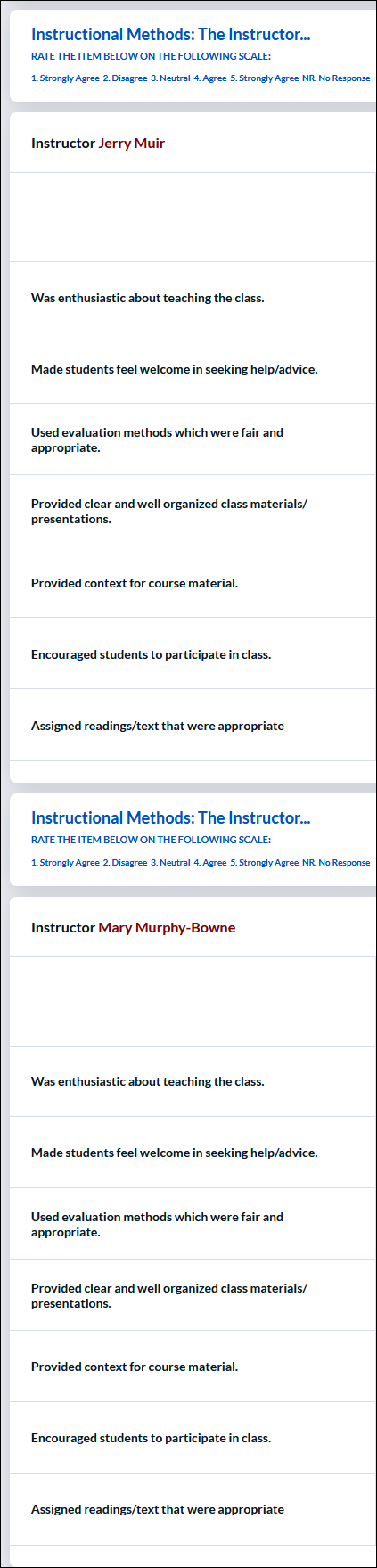 Course evaluation showing questions for two instructors