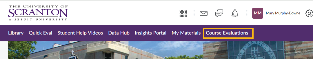 Course Evaluations tab in the Brightspace navigation bar