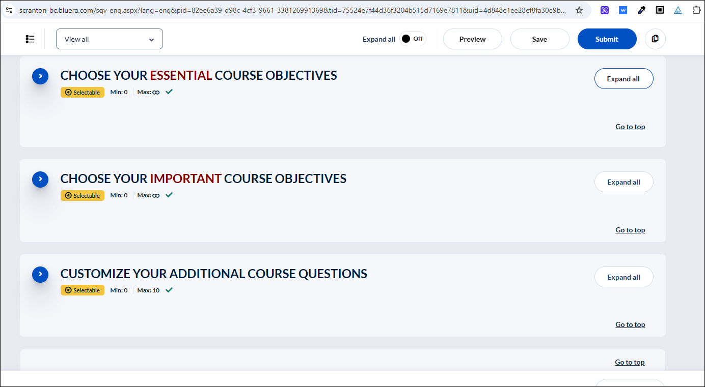 Essential and Important objective selection options