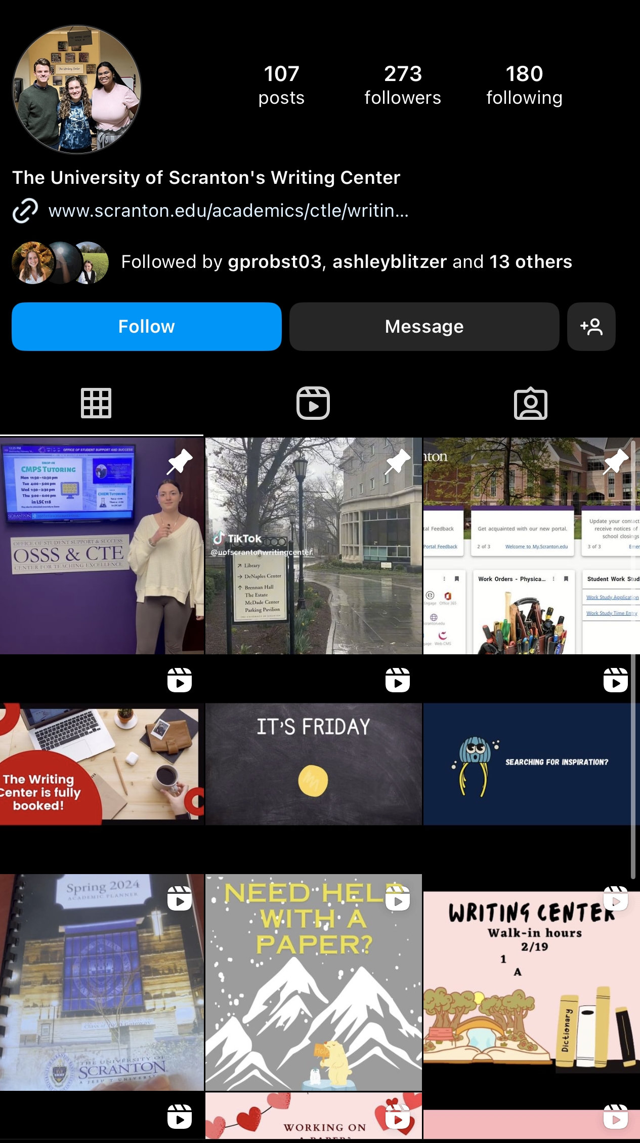 A screenshot of The Writing Center's instagram profile page with colorful video thumbnails