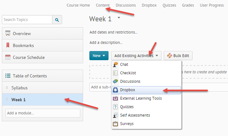 Select week one and add a dropbox