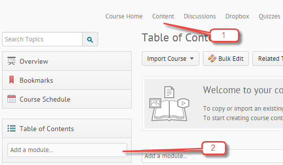 Selecting content and selecting add a module