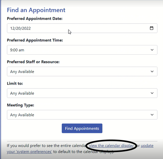 Picture of the Find an Appointment widget for the writing center