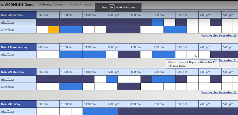 A sample image of the writing center online scheduler