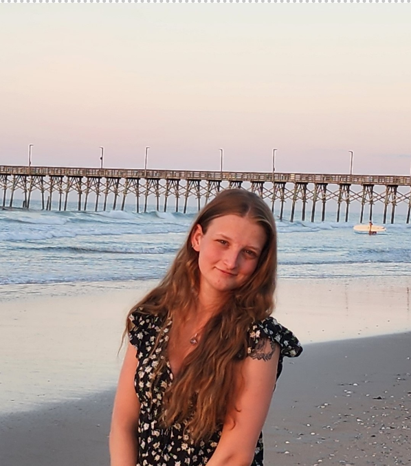 A picture of a young woman on the beach at sunset