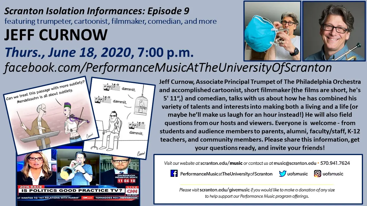 Concert poster with text and photo of man playing trumpet