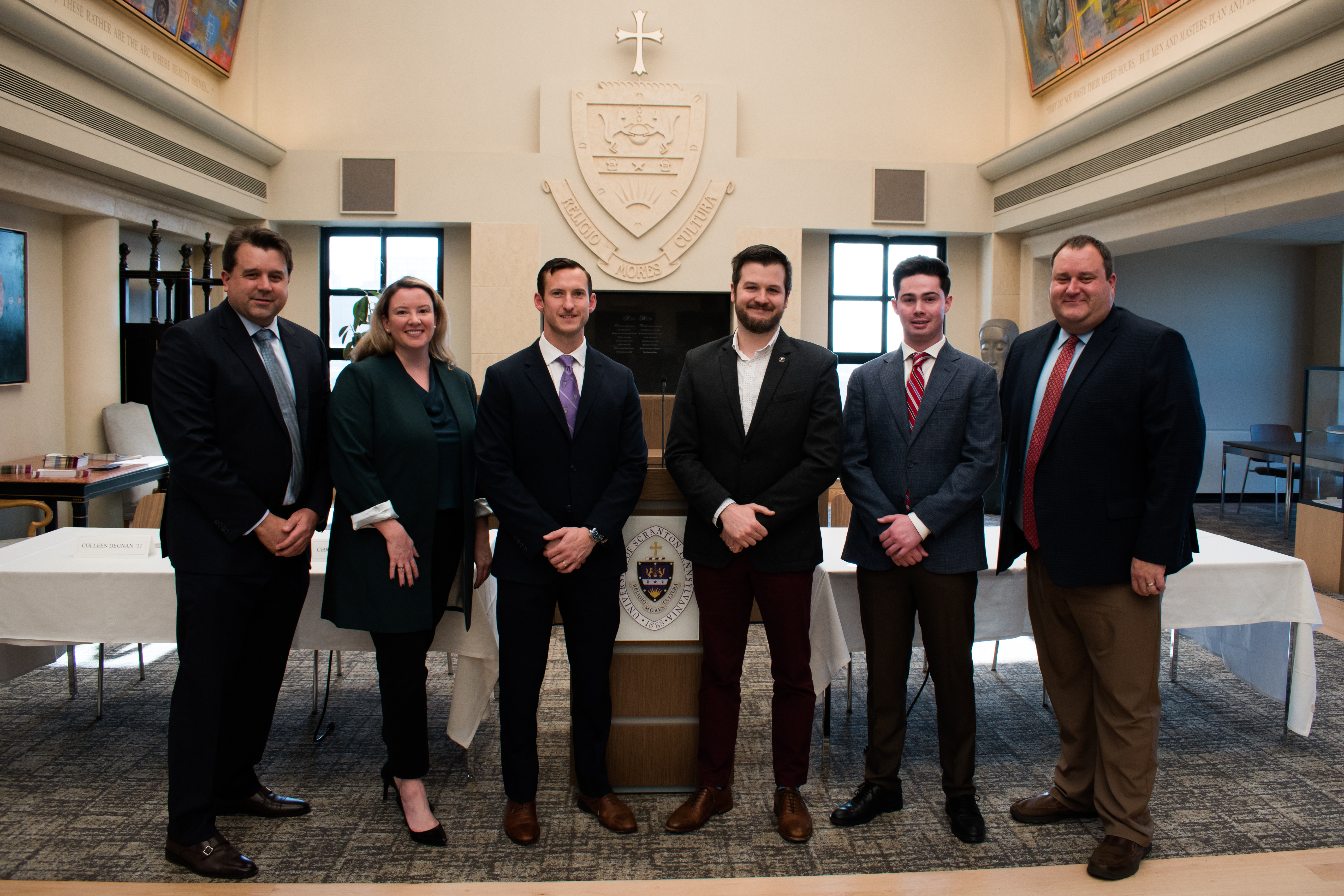 Members of the Council of Alumni Lawyers appear at a panel discussion at the Weinberg Memorial Library.