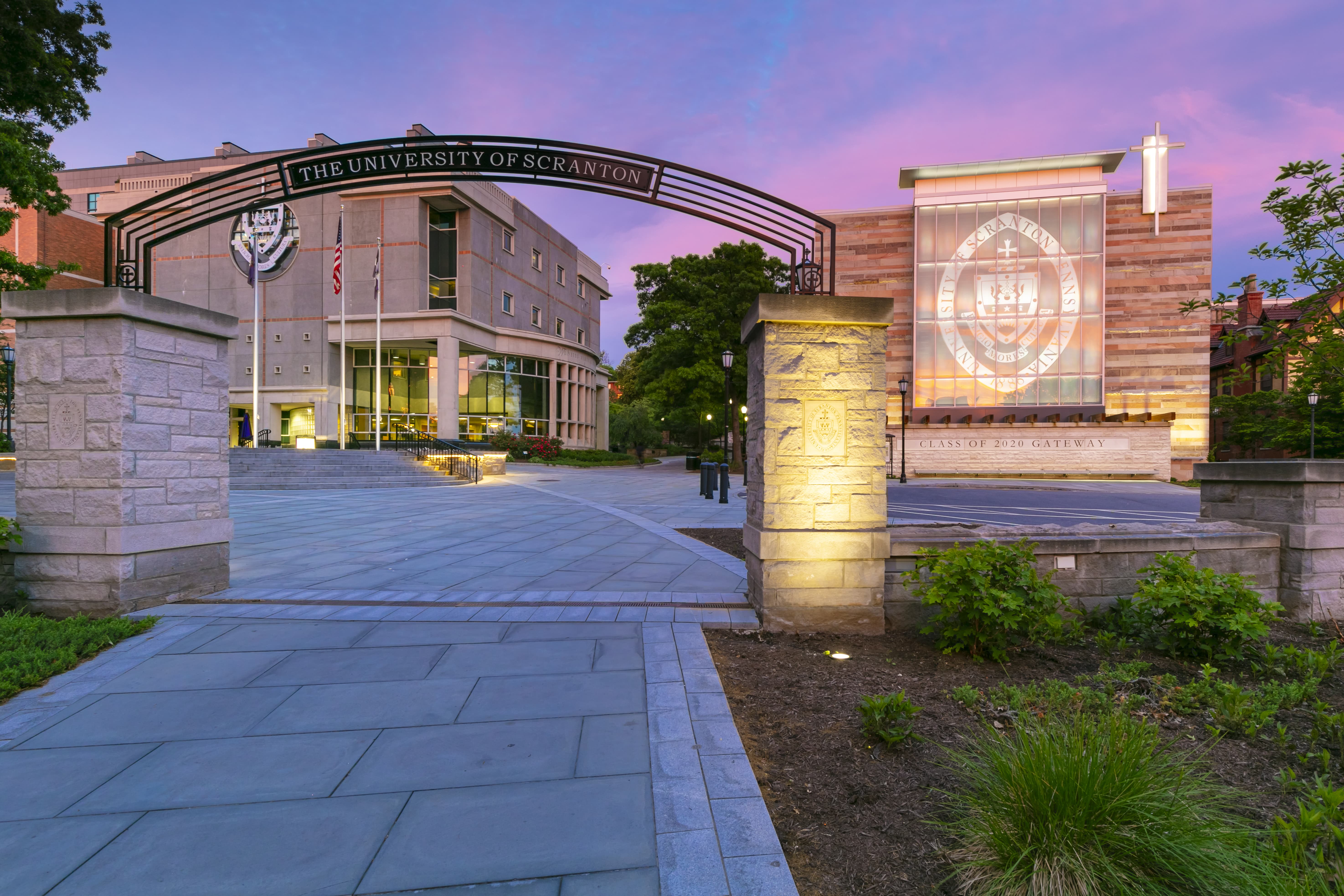 Sunset of University of Scranton Class of 2020 Gateway  and Library