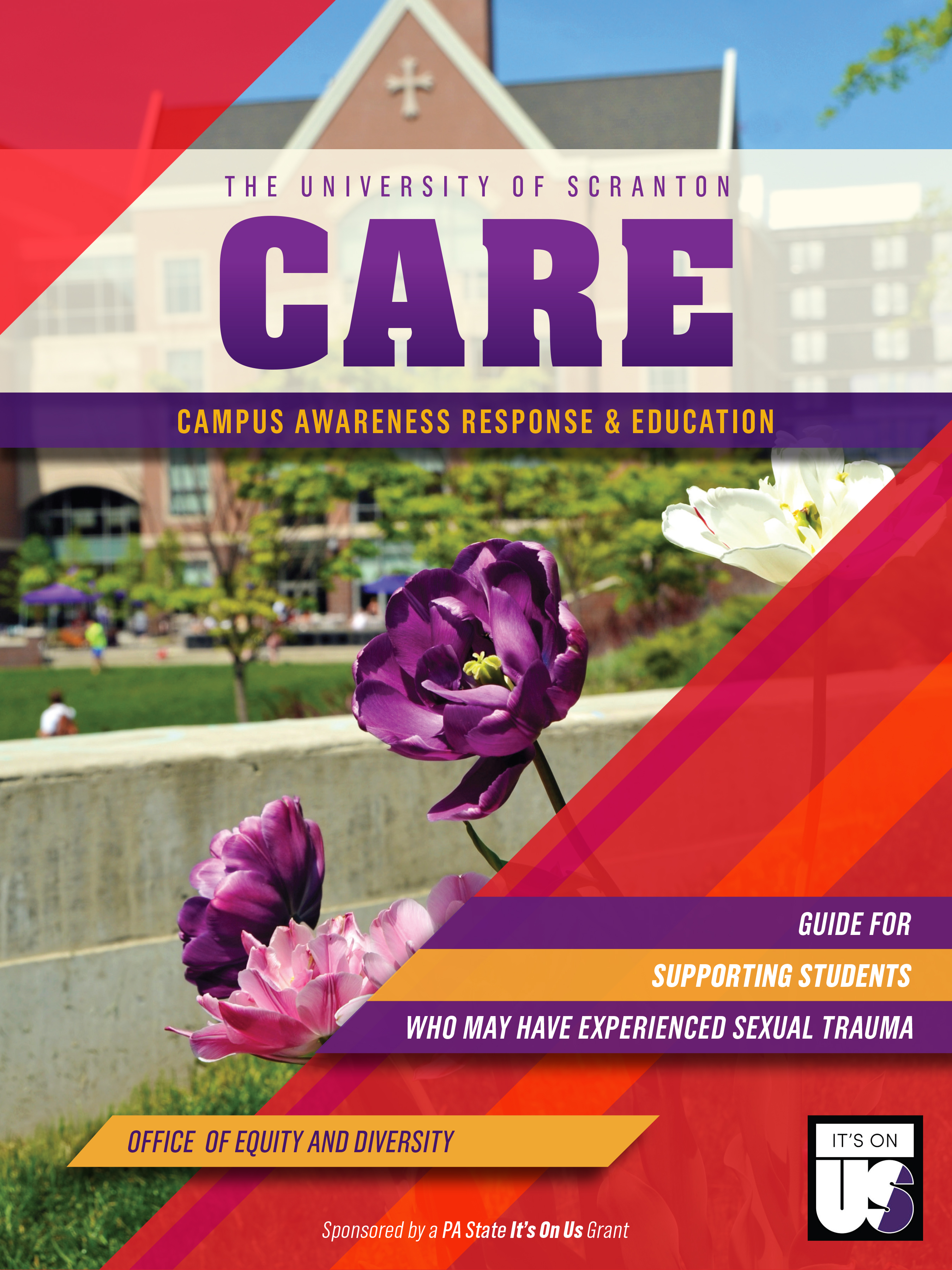 Red adn purple folder cover with CARE title adn Its On Us black, purple and white photo. 
