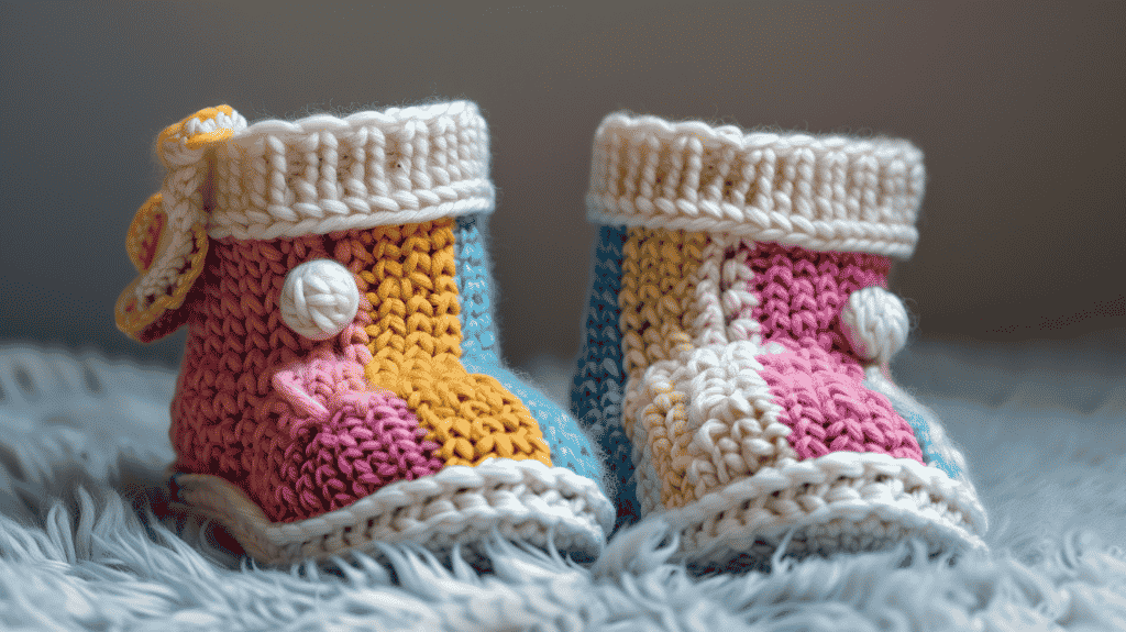 knit baby booties in multicolor
