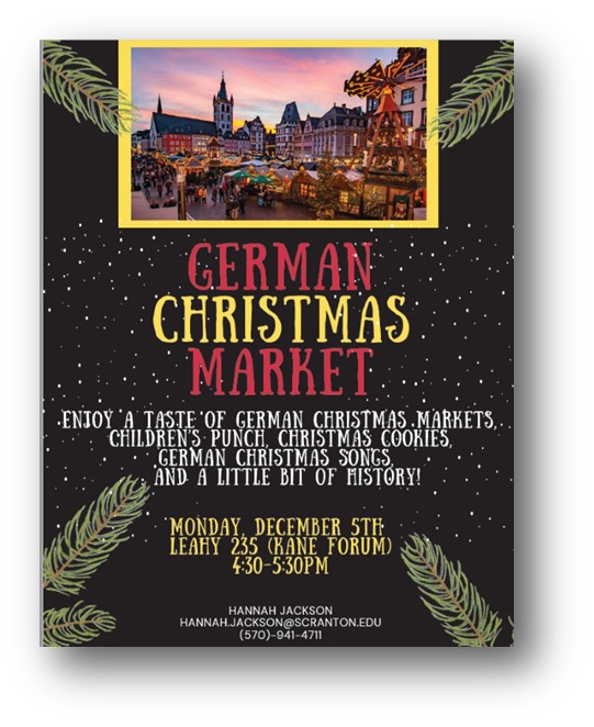 german christmas market flyer with small german village, pine tree branches and snow.