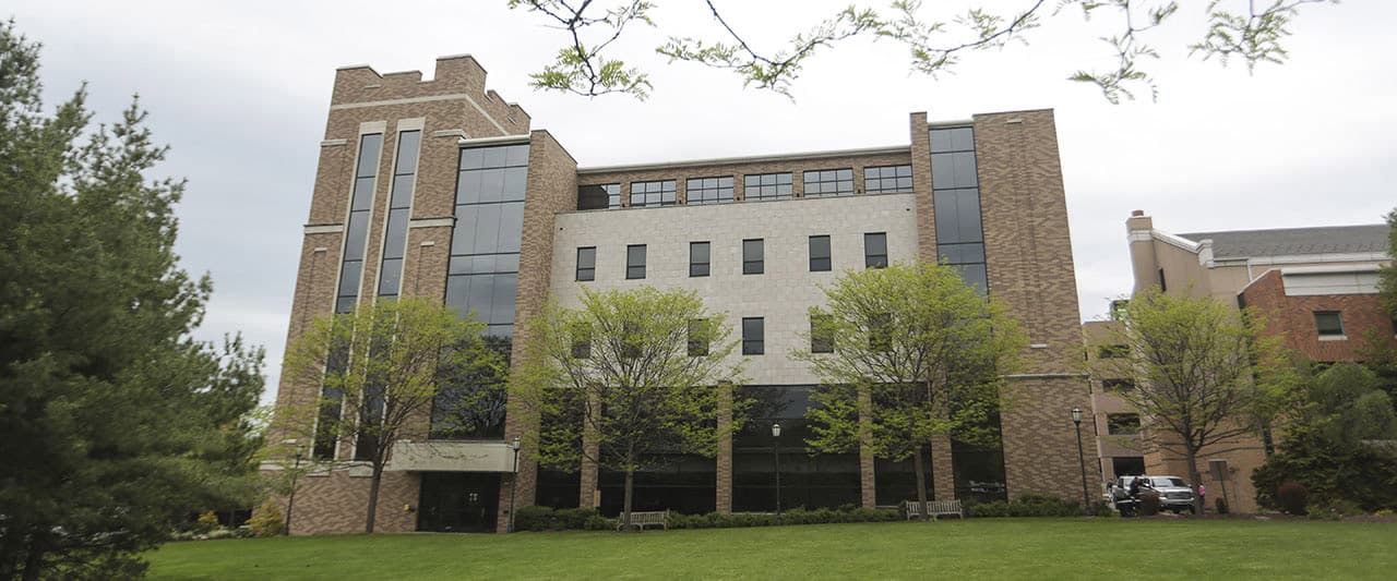 Brennan Hall, The Kania School of Management, on a gloomy day.