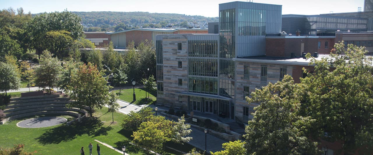 Ariel view of The Dionne Green and Loyola Science Center during the summer