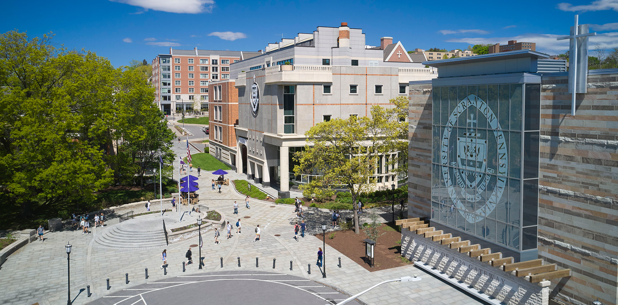 Bird’s-eye view of the library and the gateway on The University of Scranton’s campus