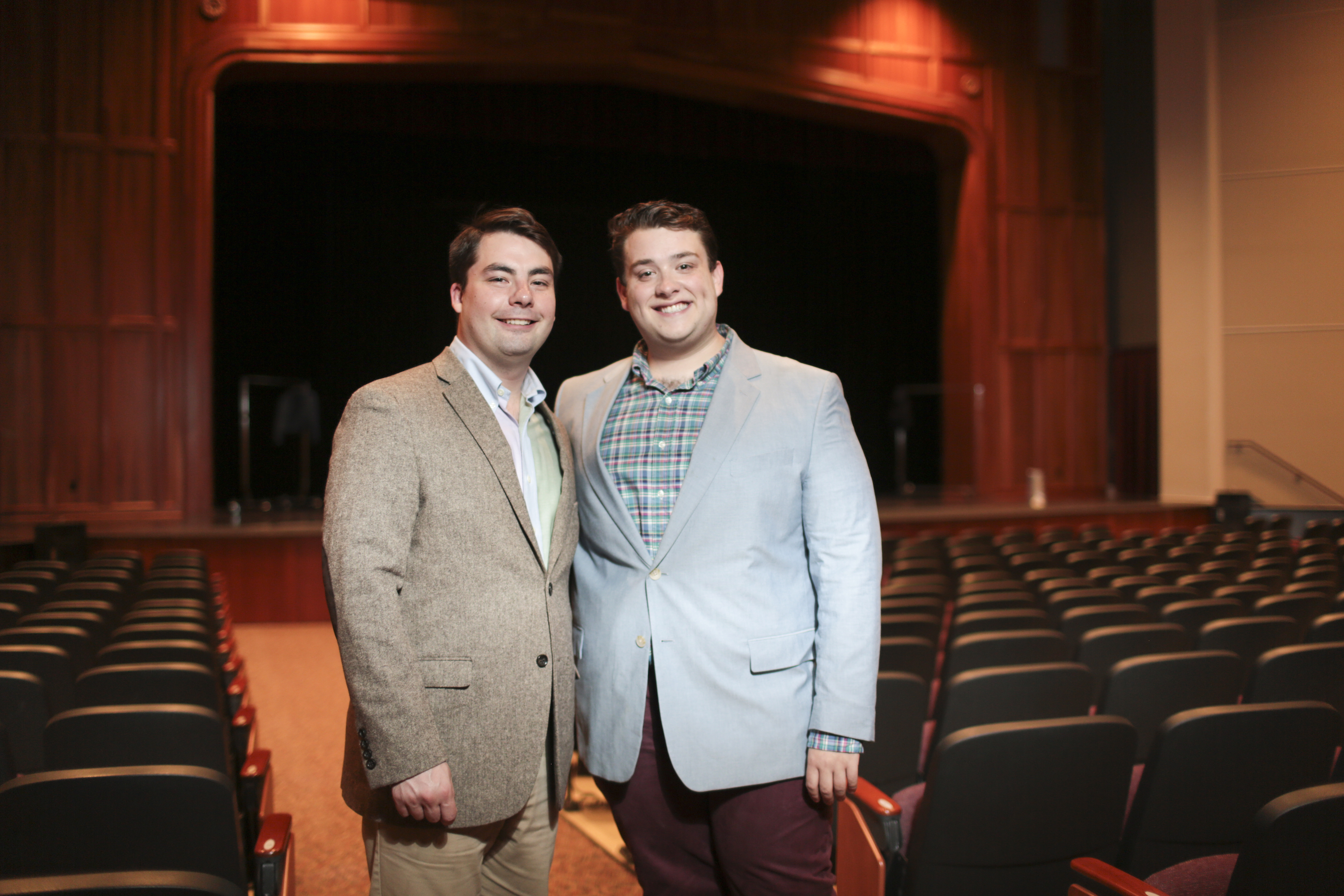 From left: University of Scranton and Scranton Preparatory School graduates Michael Flynn ’10 and Colin Holmes ’13 in Prep’s Bellarmine Theater prior to a Scranton Shakespeare Festival performance of “Measure for Measure.” The University and Prep partnered to provide housing and rehearsal and performance space for the Scranton Shakespeare Festival, providing a present-day example of the Jesuit tradition of support of the arts.