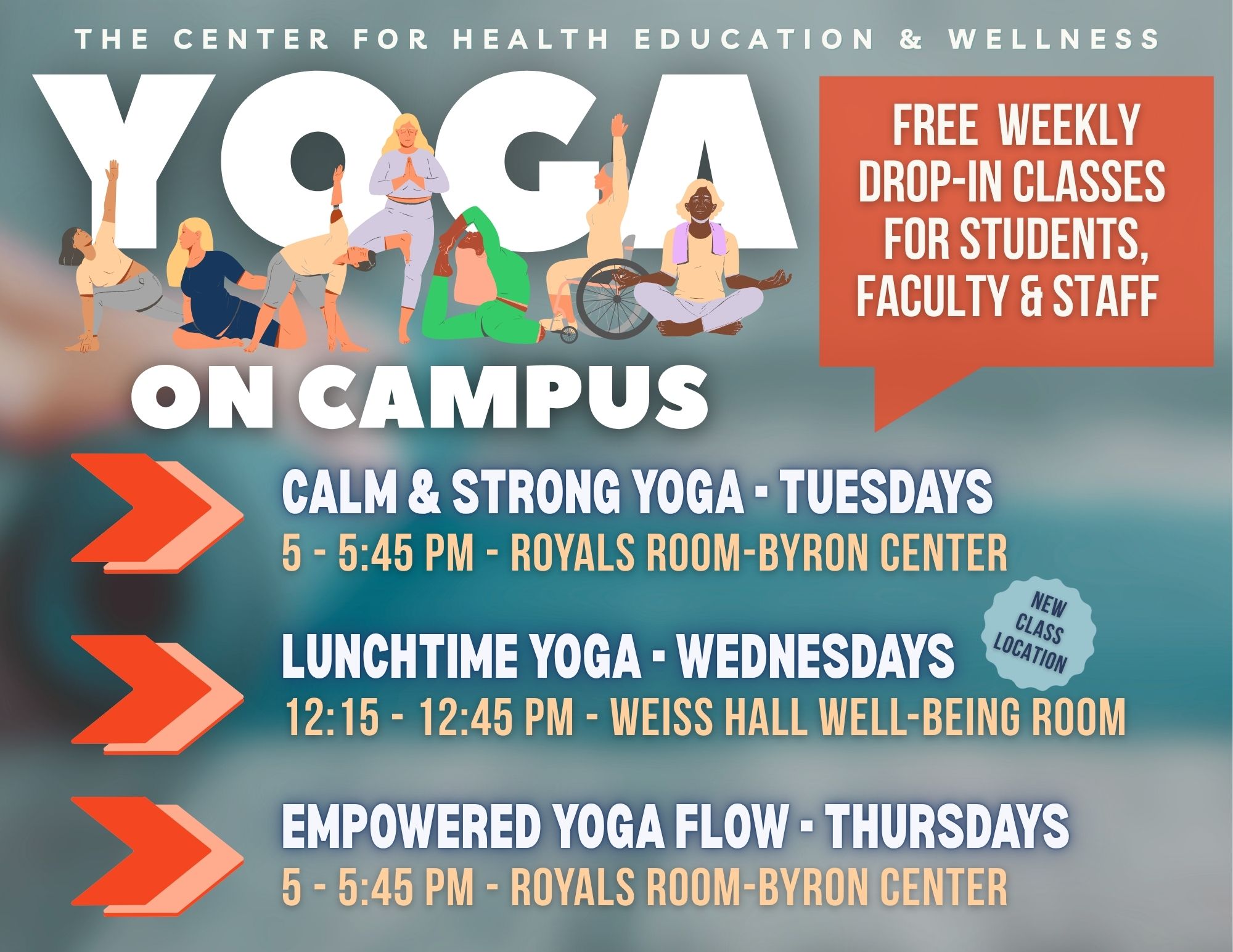 Three yoga classes with times and locations for fall semester