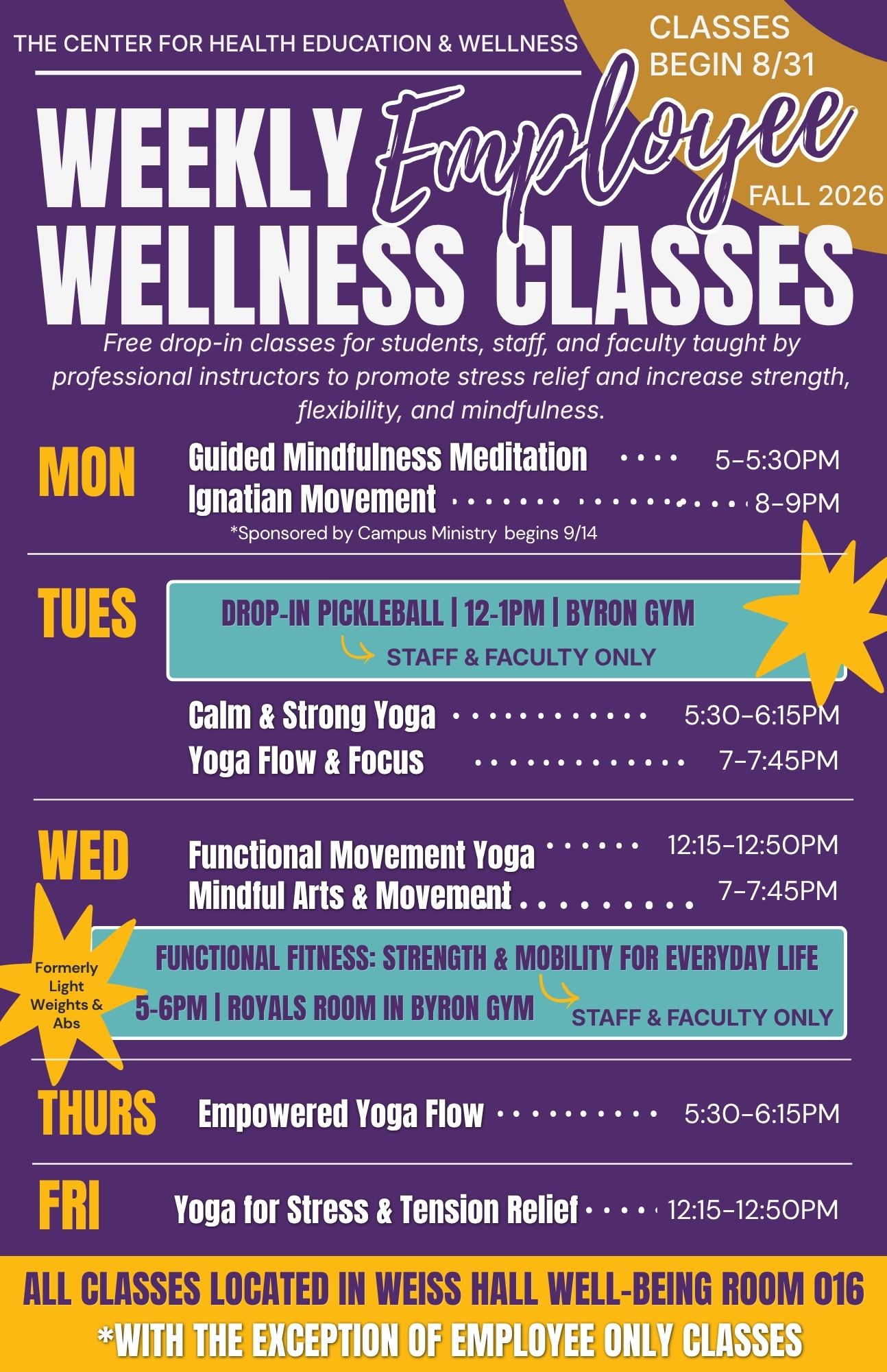 Poster that lays out all of the fall weekly wellness classes, locations and time