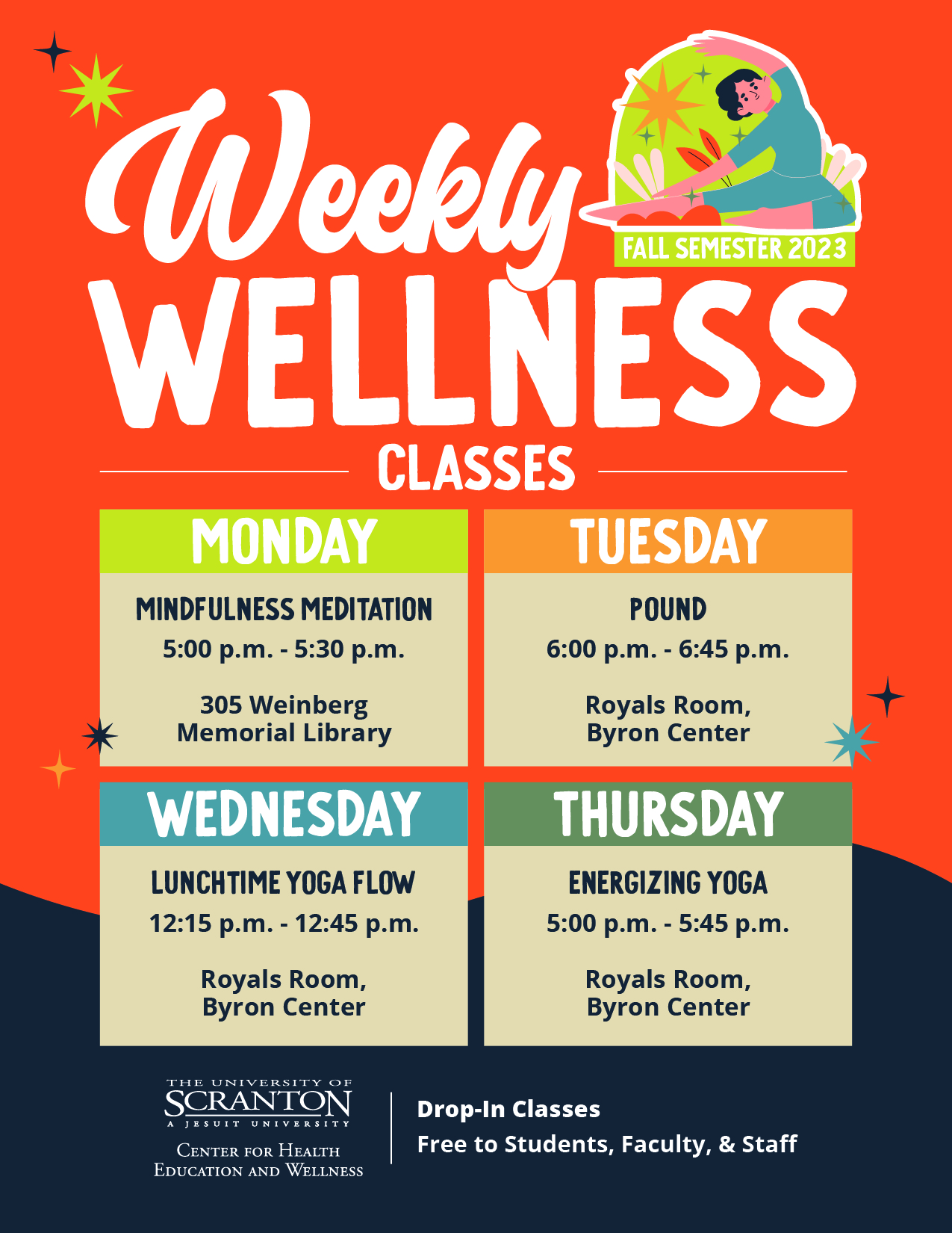 Poster with Weekly Wellness Class schedule and a person stretching on top right