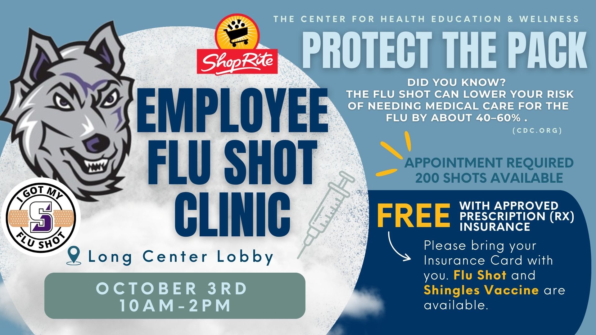 Iggy the wolf on a poster telling everyone to get their flu shot for employees on Friday October 3rd