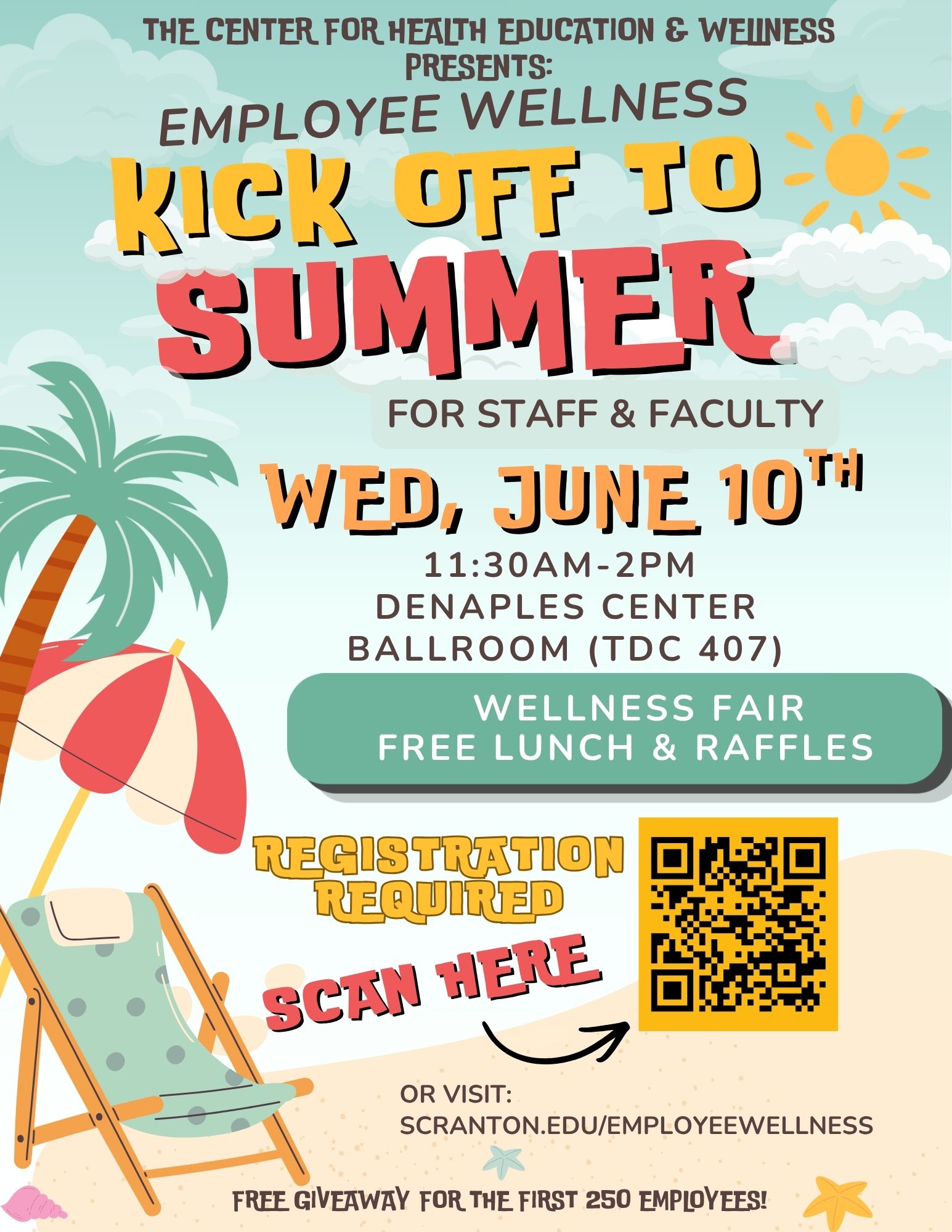 Poster with summer colors and beach pictures and the title Kick off to Summer- With dates, time and location with is alos stated under the poster