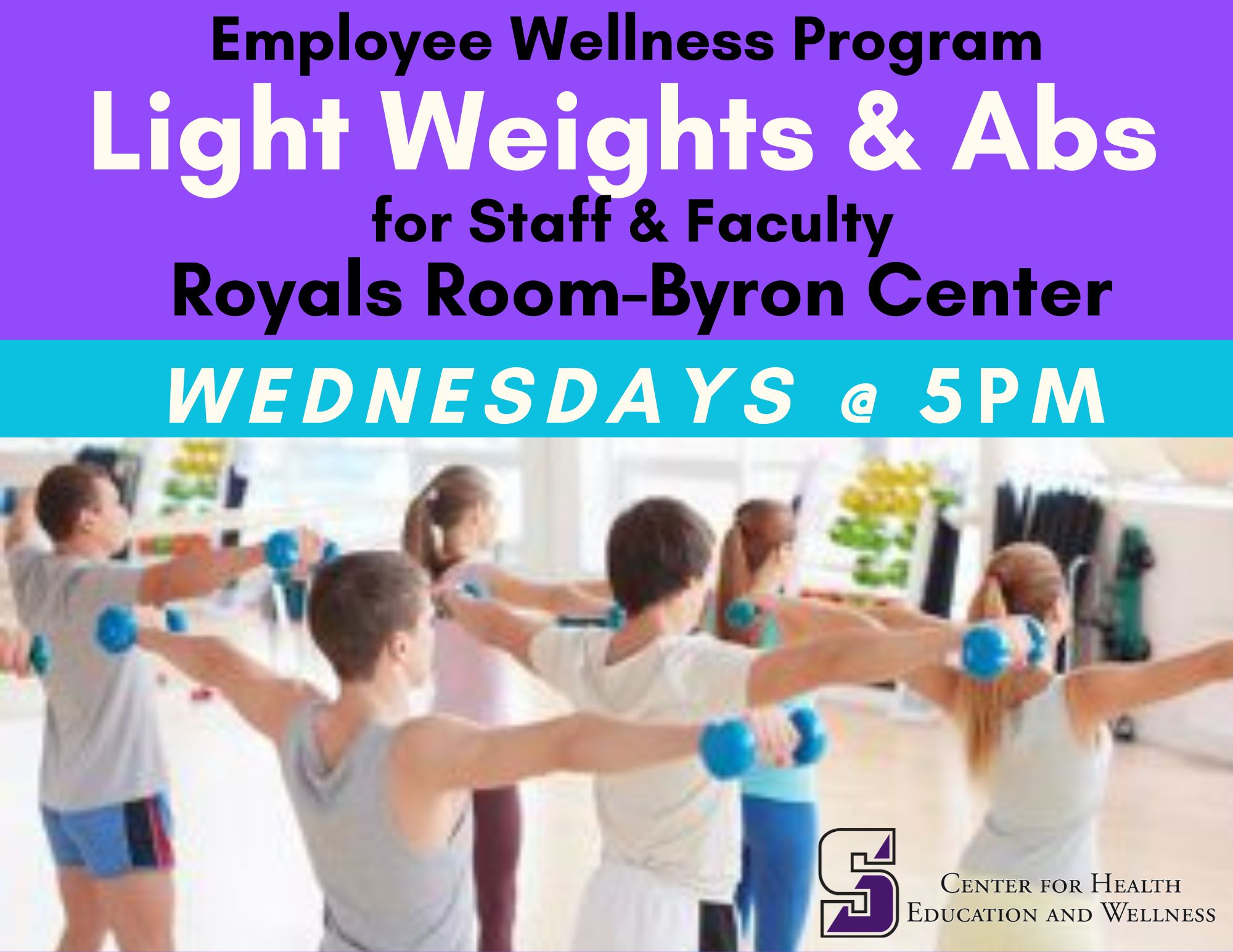 employees exerciing using weights to promote the class on Wednesdays