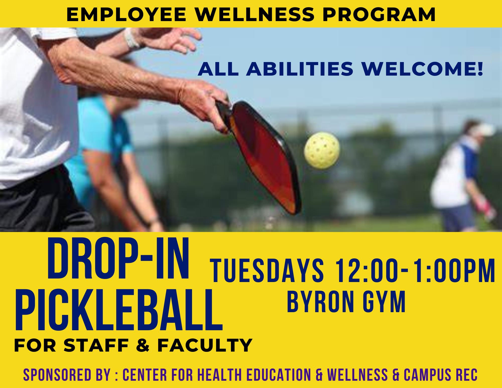 a picture of a hand playing pickleball and showing it is Tuesdays from 12-1