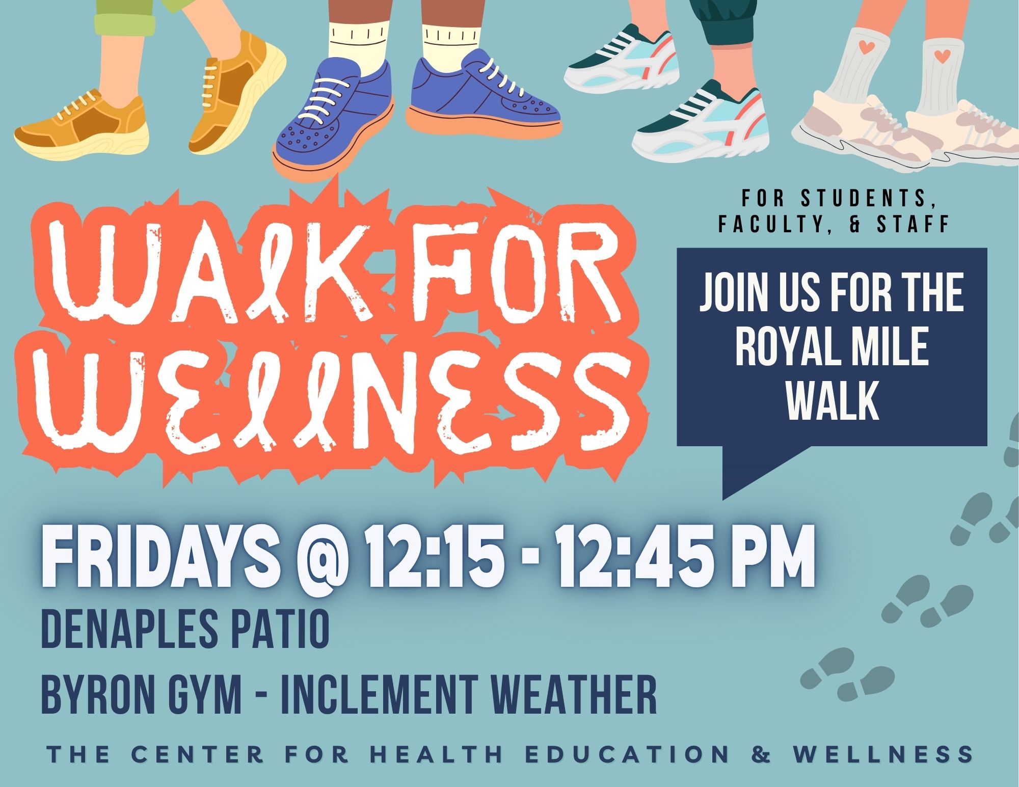 Sneakers of people walking promoting Walk for Wellness on Fridays at 12:15