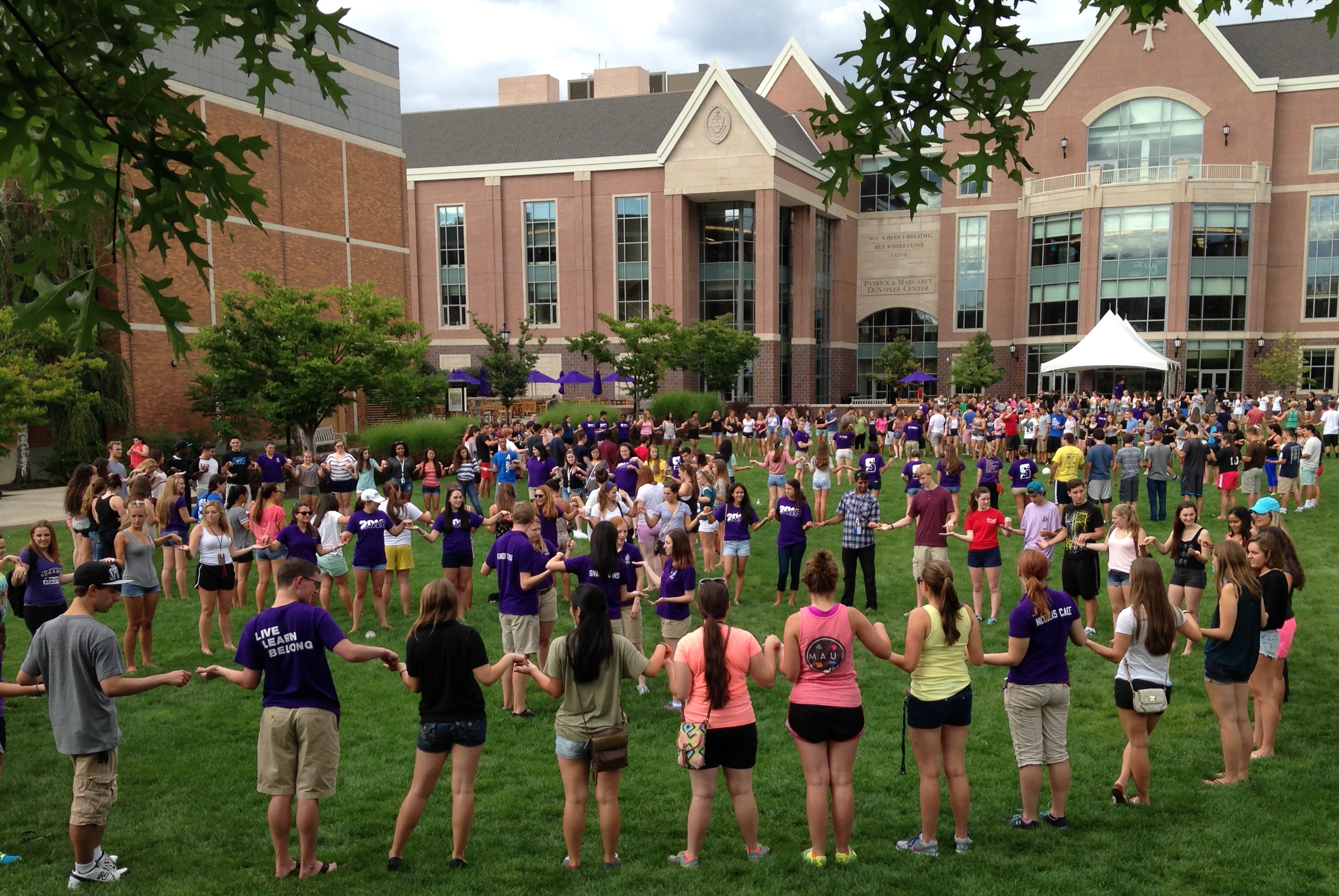 Photo of new students meeting on Dionne Green.
