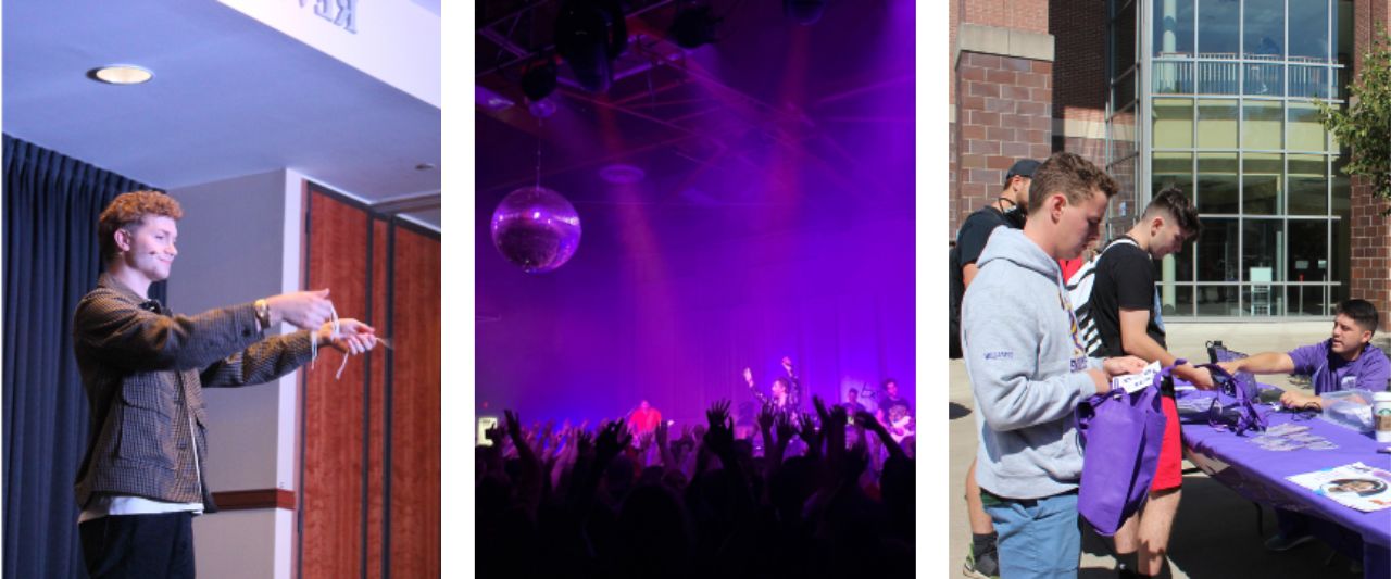Website banner image includes a magician, mascot, concert, and tabling event.