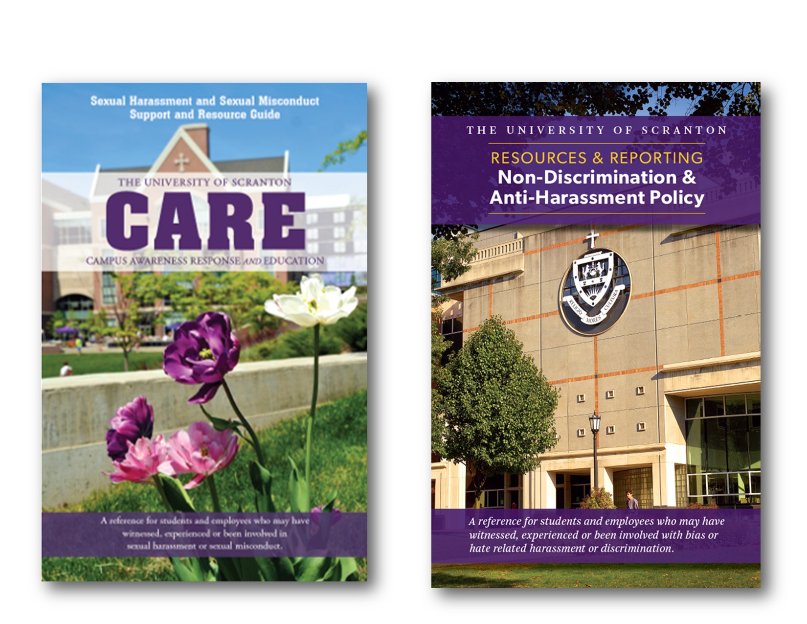 Picture of the two resource brochures related to sexual misconduct and unlawful discrimination and harassment.